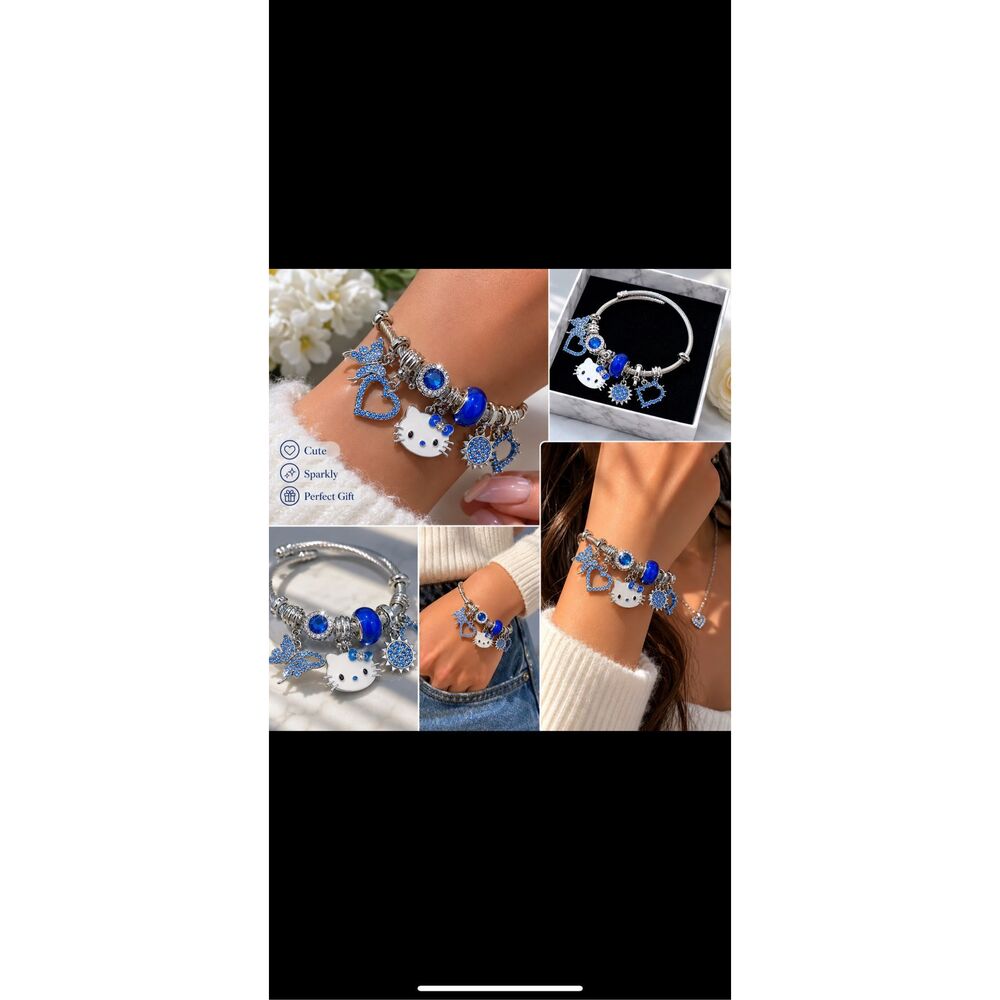 Blue Kitty Charm Bracelet Rhinestone Heart Butterfly Adjustable Silver Tone